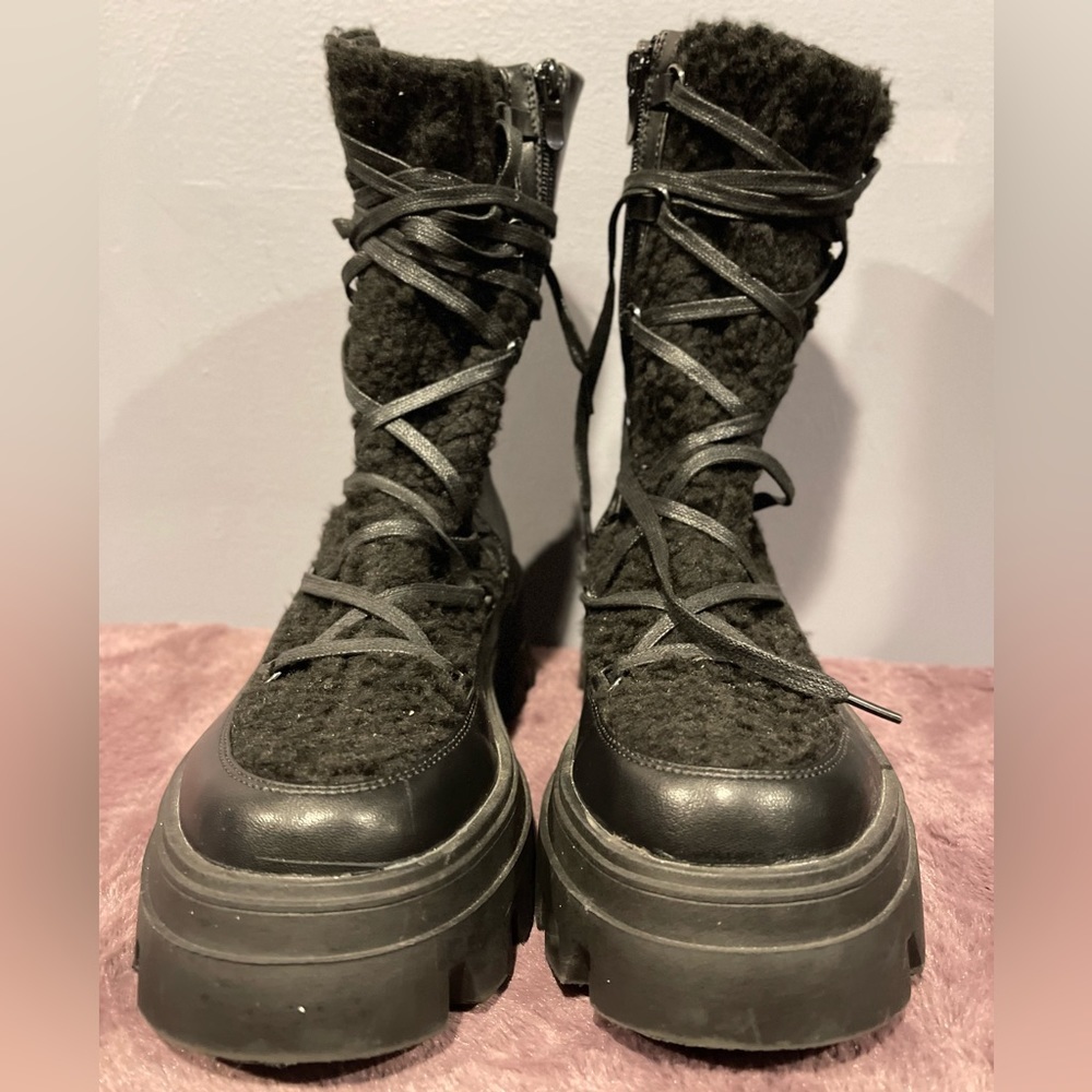 Black Leather Sherpa Tie Up Platform Boots - Picture 3 of 5